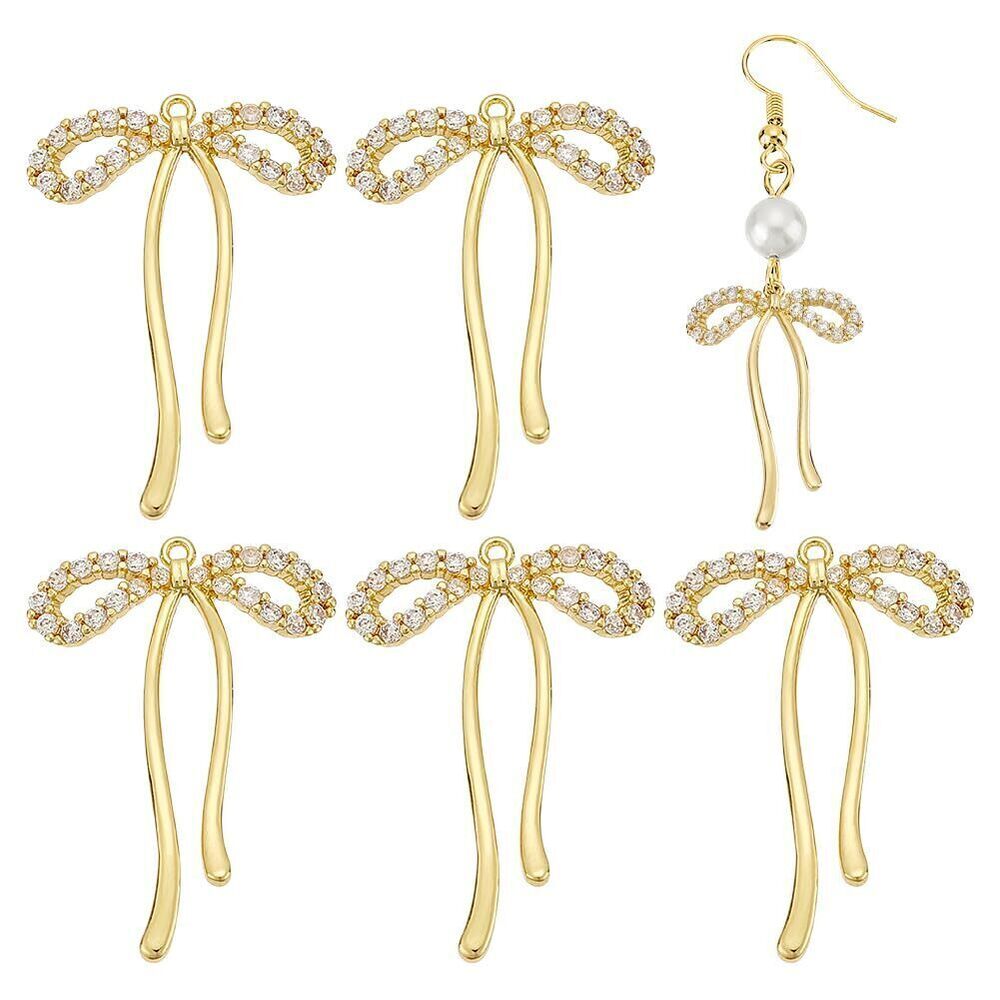9568 6Pcs Real 18K Gold Plated Brass Bowknot Charms, Micro Pave Clear Cubic
